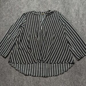 Always Indigo Black White Striped Surplice Blouse Roll Tab Sleeve 3X Plus Size